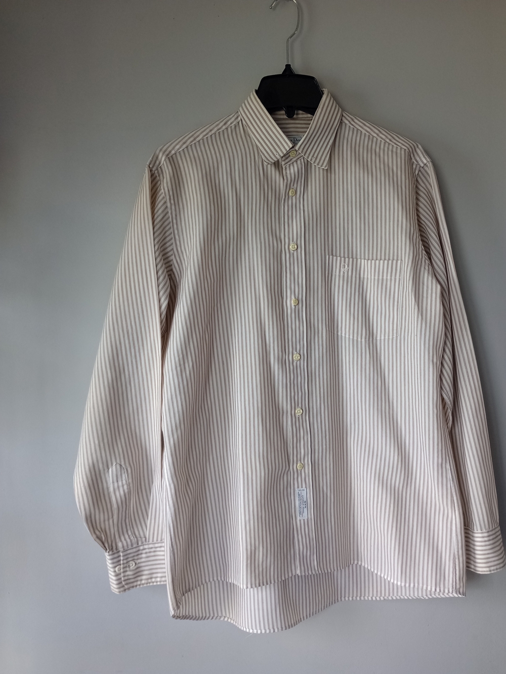 VTG 90s Christian Dior Chemises L Tan Striped Button Shirt Old Money Luxury Prep